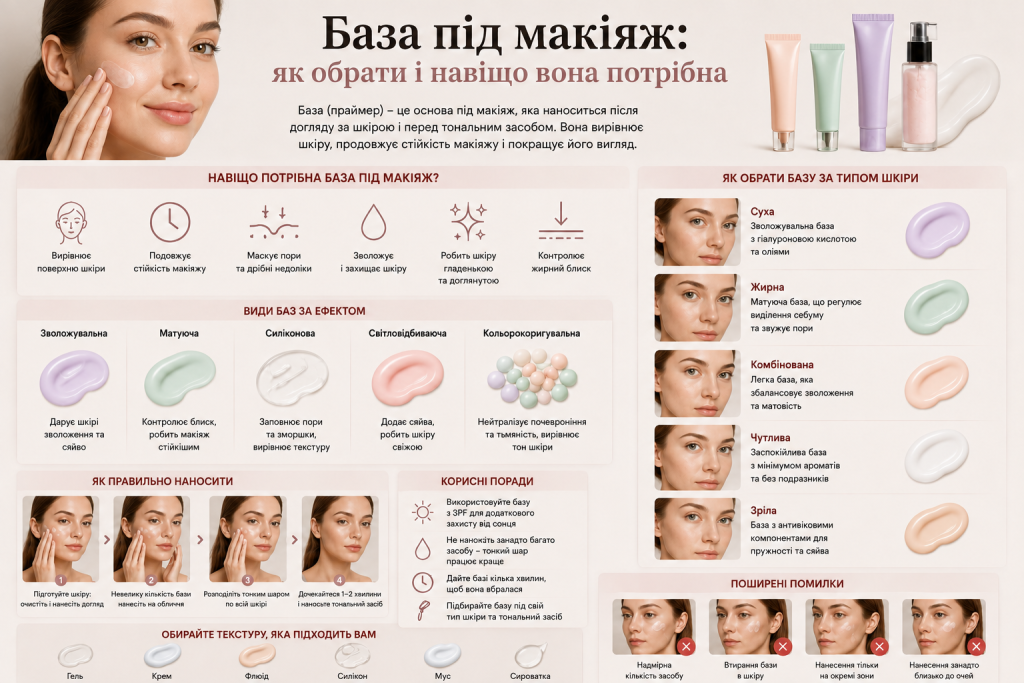 Інфографіка про базу під макіяж, види праймерів, вибір за типом шкіри та правила нанесення