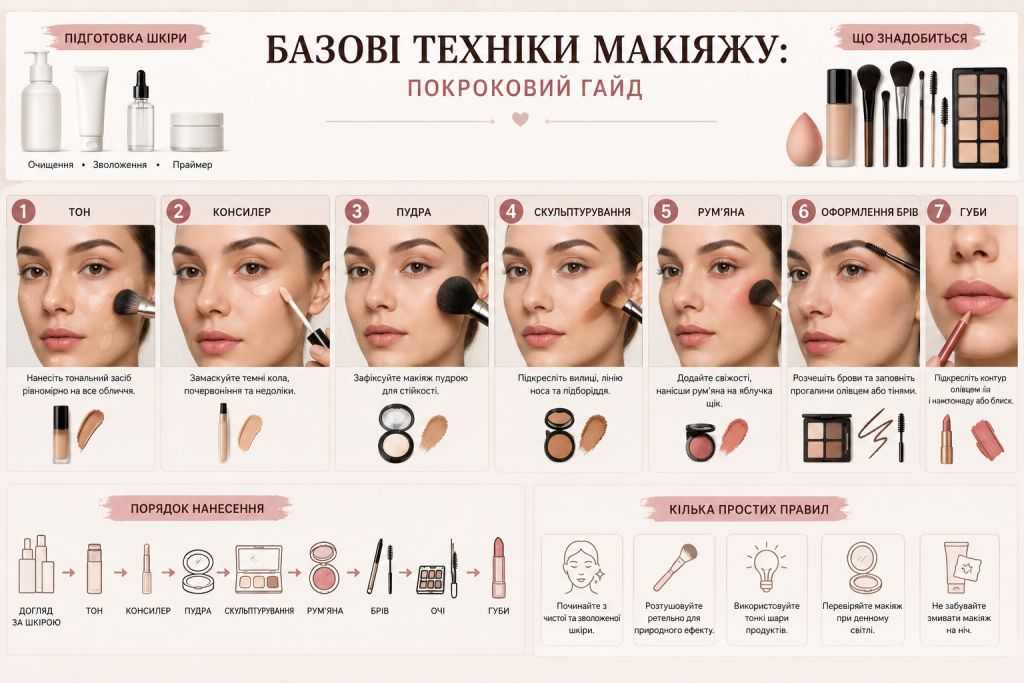 Інфографіка з базовими техніками макіяжу та покроковим нанесенням косметики на обличчя