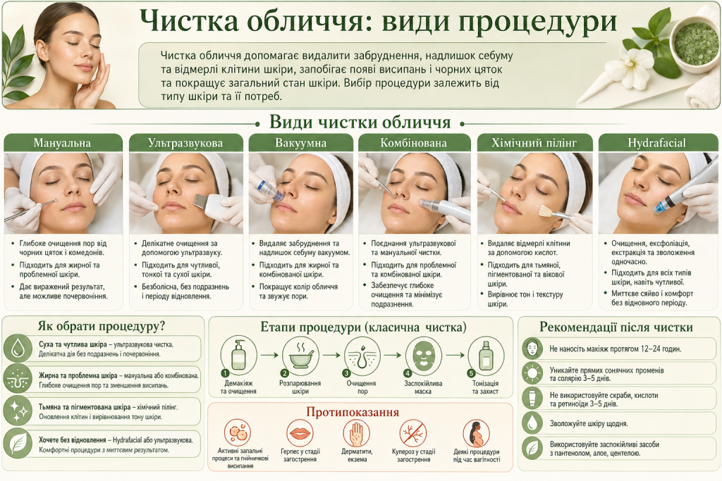 Інфографіка про види чистки обличчя, показання, етапи процедури та рекомендації з догляду