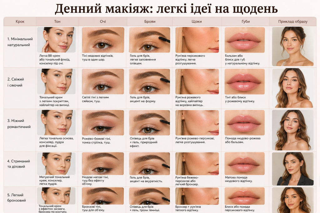 Інфографіка з варіантами легкого денного макіяжу очей, брів, щік і губ на кожен день
