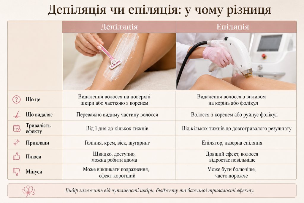 Інфографіка про різницю між депіляцією та епіляцією, способи видалення волосся, переваги та недоліки