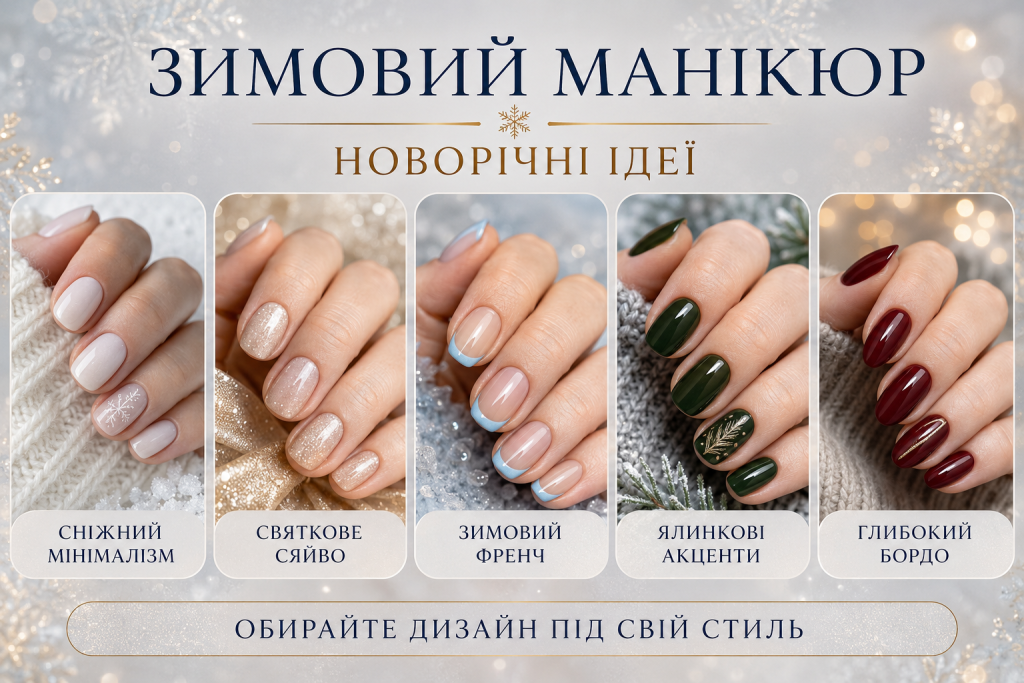 Інфографіка з ідеями зимового та новорічного манікюру в різних кольорах і стилях