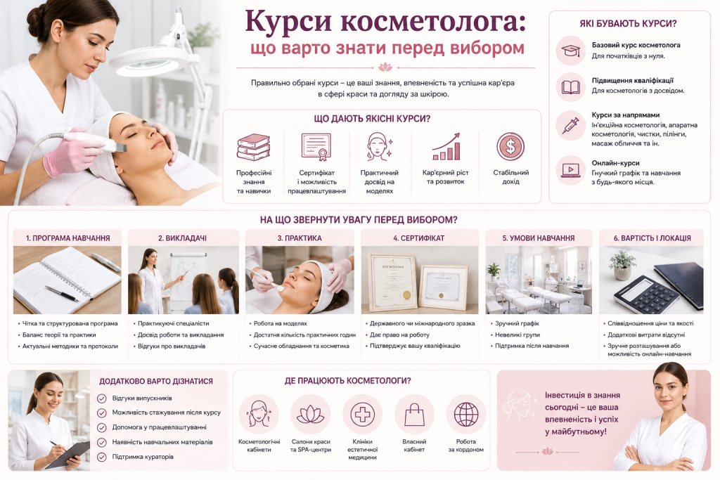 Інфографіка про курси косметолога, види навчання, практику, сертифікати та критерії вибору