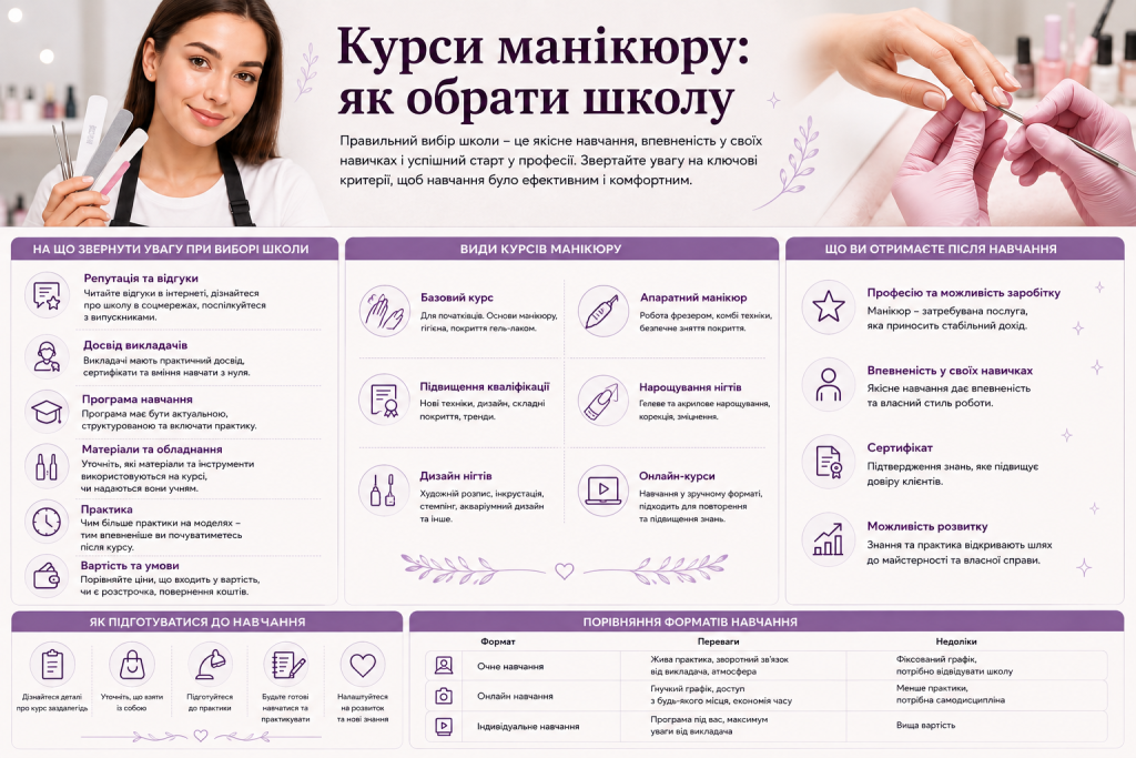 Інфографіка про вибір курсів манікюру, види навчання, програму та перспективи професії