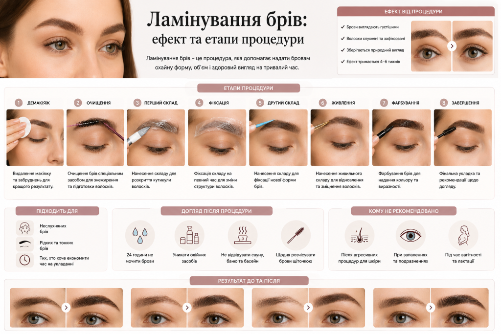 Інфографіка про ламінування брів, етапи процедури, результат, протипоказання та правила догляду