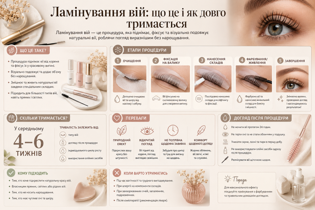 Інфографіка про ламінування вій з етапами процедури, перевагами, тривалістю ефекту та правилами догляду