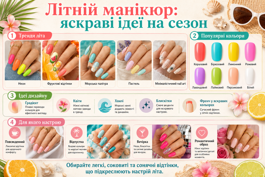 Інфографіка з ідеями літнього манікюру, модними кольорами, дизайнами та варіантами для різного настрою