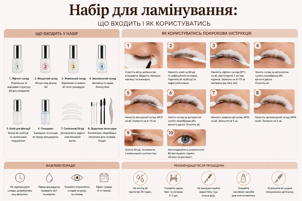 Інфографіка про набір для ламінування вій, його склад, етапи використання та догляд після процедури