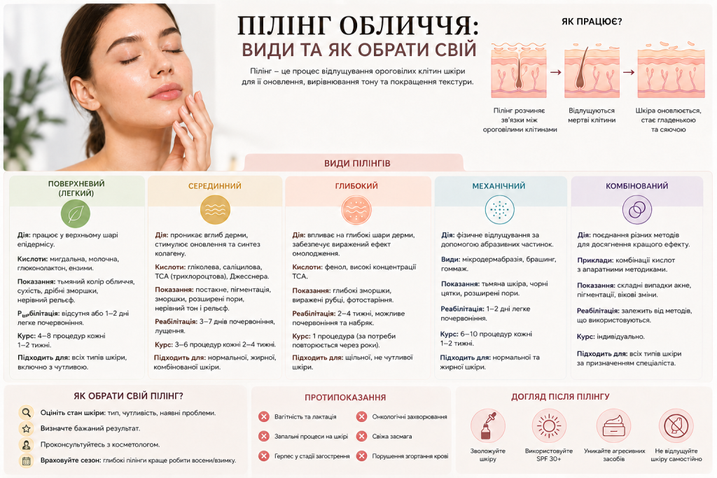 Інфографіка про види пілінгу обличчя, їх дію, показання, протипоказання та догляд за шкірою