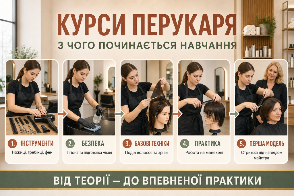 Інфографіка про курси перукаря з основними етапами навчання від інструментів до практики