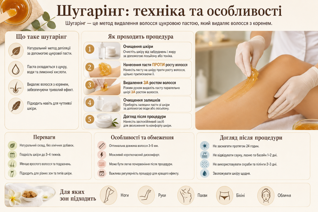Інфографіка про шугаринг, техніку видалення волосся цукровою пастою, переваги та догляд за шкірою