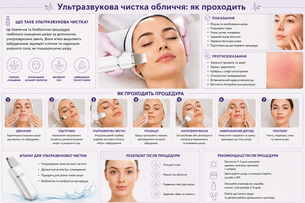 Інфографіка про ультразвукову чистку обличчя, показання, етапи проведення та догляд після процедури