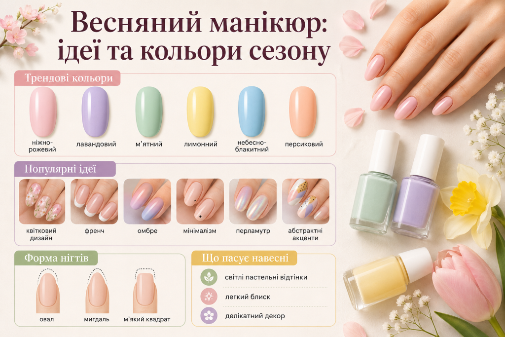 Інфографіка весняного манікюру з трендовими кольорами, популярними дизайнами та формами нігтів