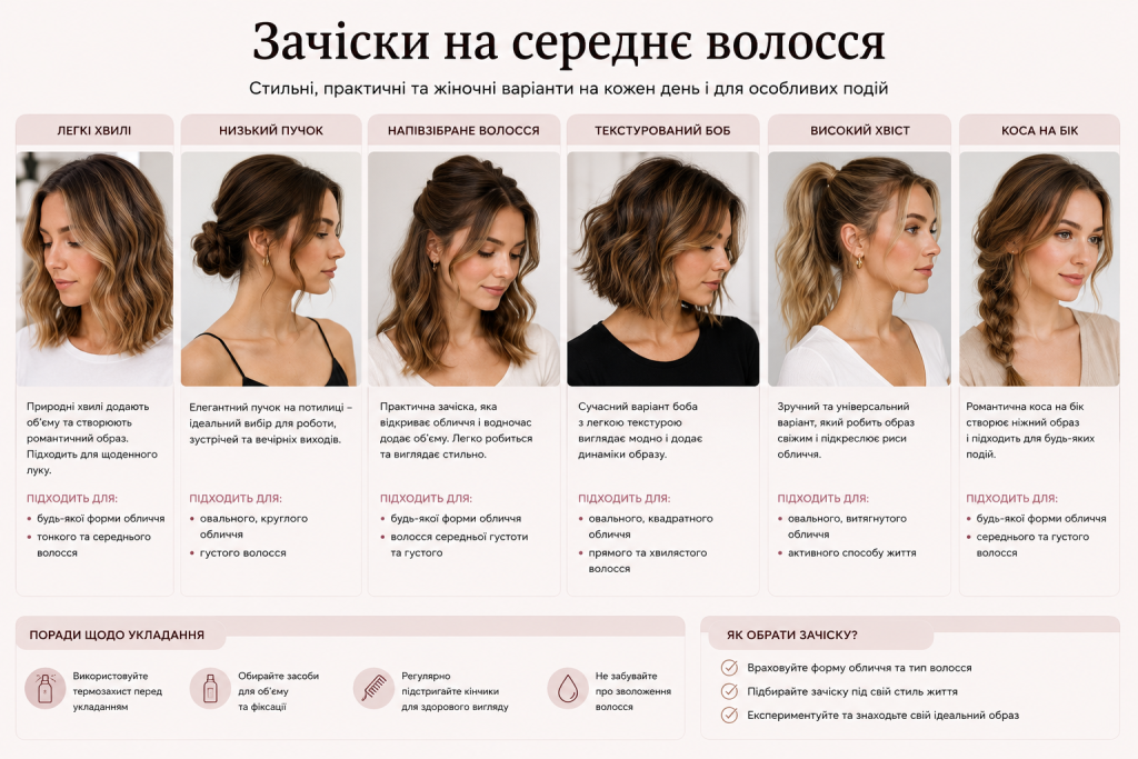 Інфографіка з популярними зачісками на середнє волосся: хвилі, пучок, боб, хвіст і коса