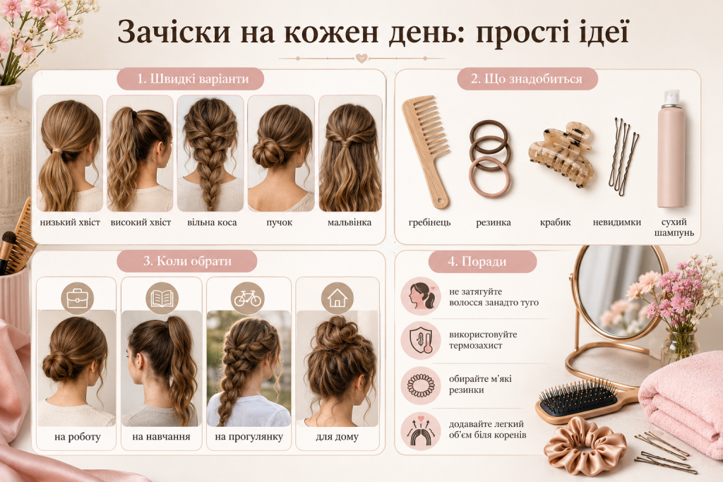 Інфографіка з простими зачісками на кожен день, варіантами укладання волосся та аксесуарами