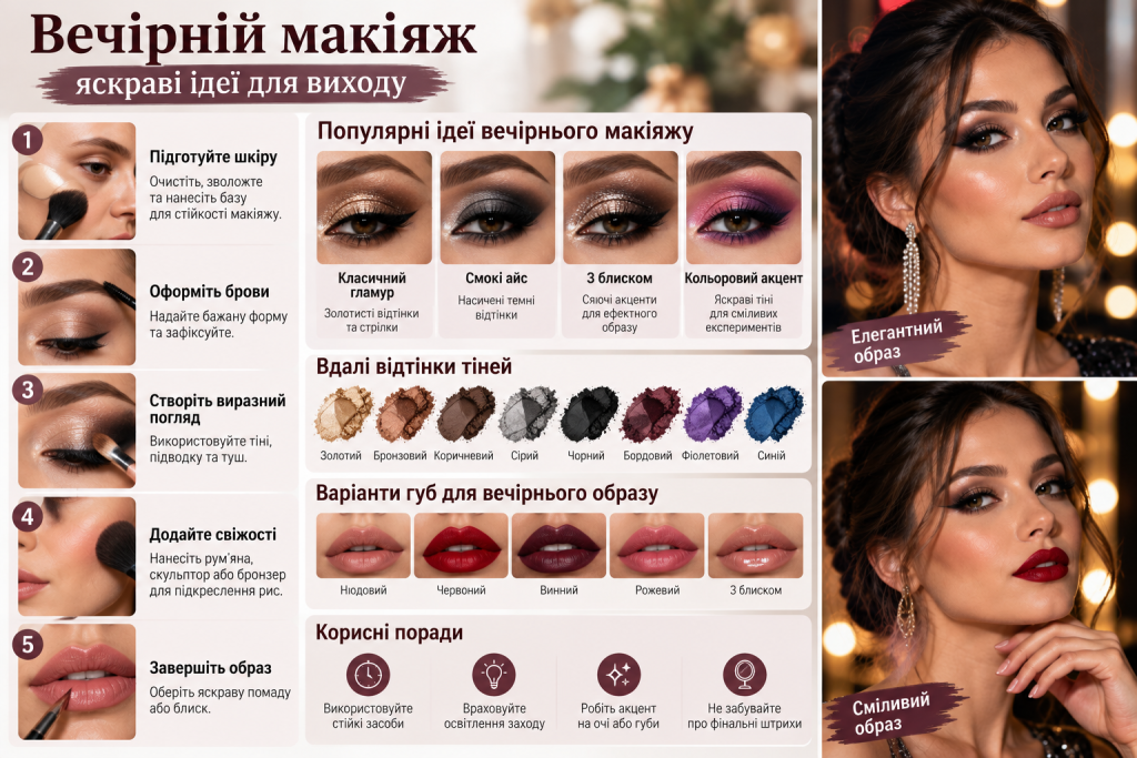 Інфографіка з ідеями вечірнього макіяжу очей і губ, популярними відтінками тіней та порадами для створення святкового образу.