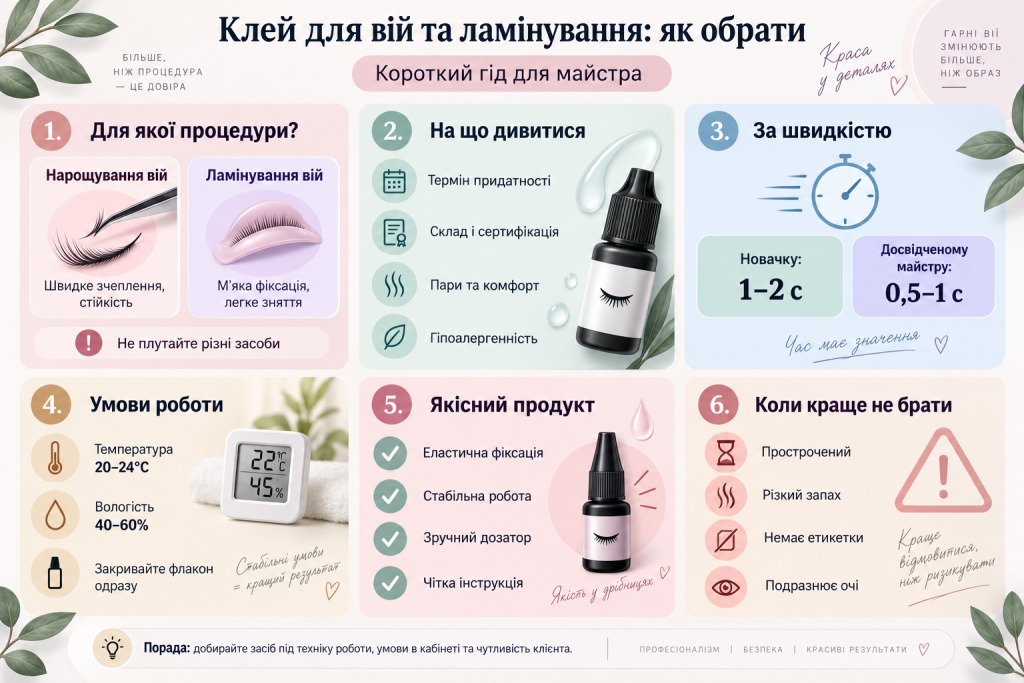 Інфографіка про вибір клею для нарощування та ламінування вій, швидкість роботи, склад, умови зберігання і критерії якості засобу.