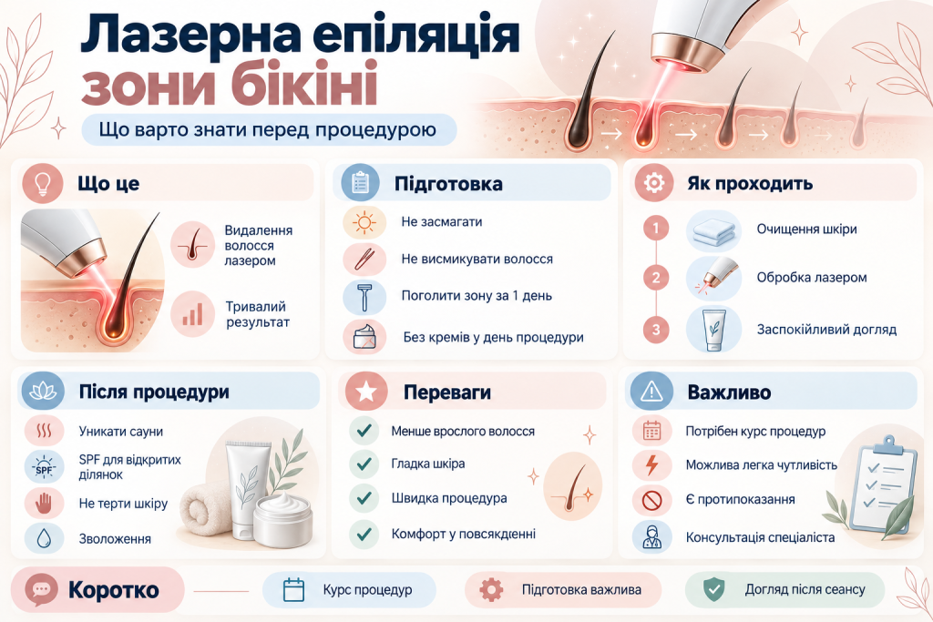 Медична інфографіка про лазерну епіляцію зони бікіні: принцип дії лазера на волосяні фолікули, підготовка, етапи процедури, переваги та рекомендації щодо догляду за шкірою.