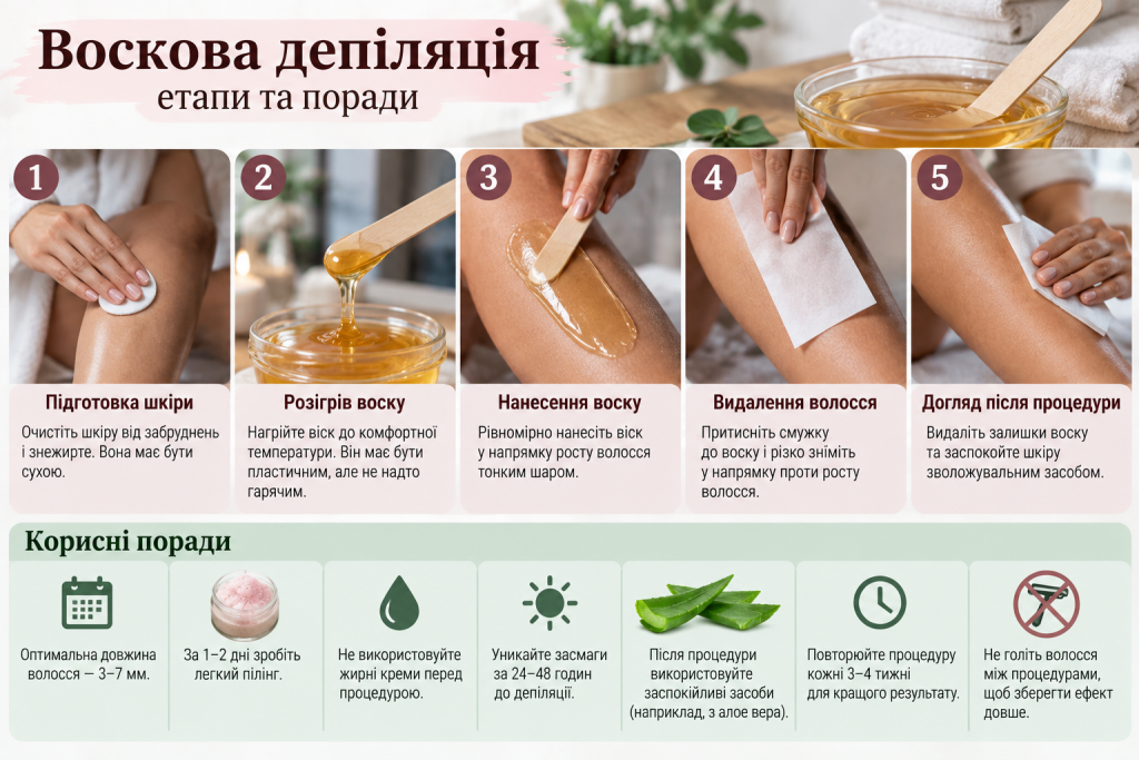 Інфографіка про воскову депіляцію з основними етапами процедури, підготовкою шкіри, нанесенням воску, видаленням волосся та доглядом після депіляції.