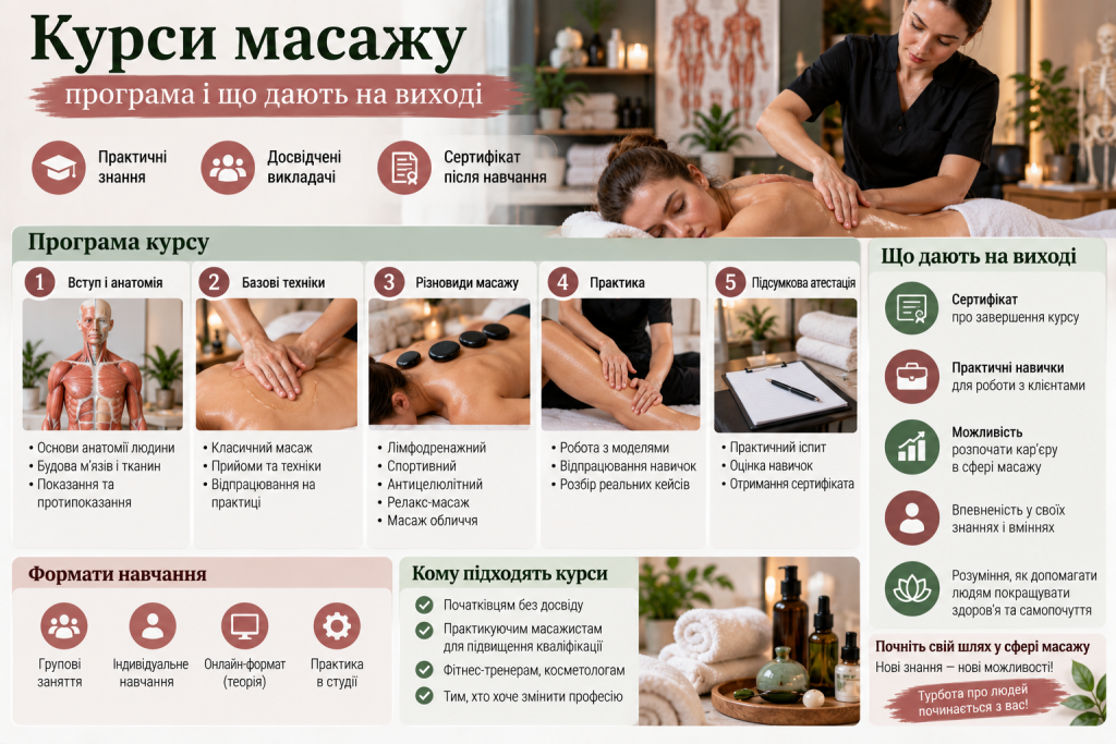 Інфографіка про курси масажу, програму навчання, базові техніки, практичні заняття, сертифікацію та можливості після завершення курсу.