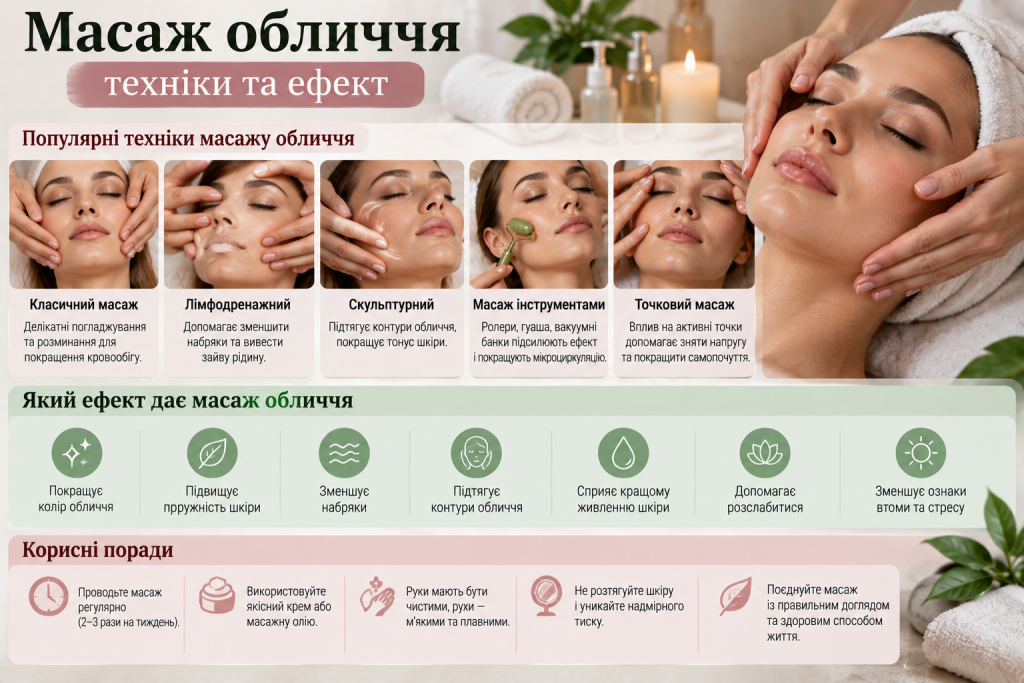 Інфографіка про популярні техніки масажу обличчя, їхній ефект для шкіри та корисні рекомендації щодо проведення процедури.