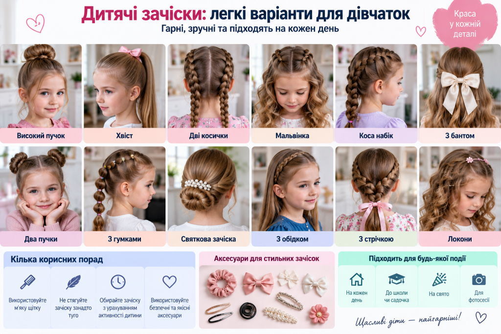 Добірка дитячих зачісок для дівчаток — пучки, хвости, косички, локони, банти та святкові укладки