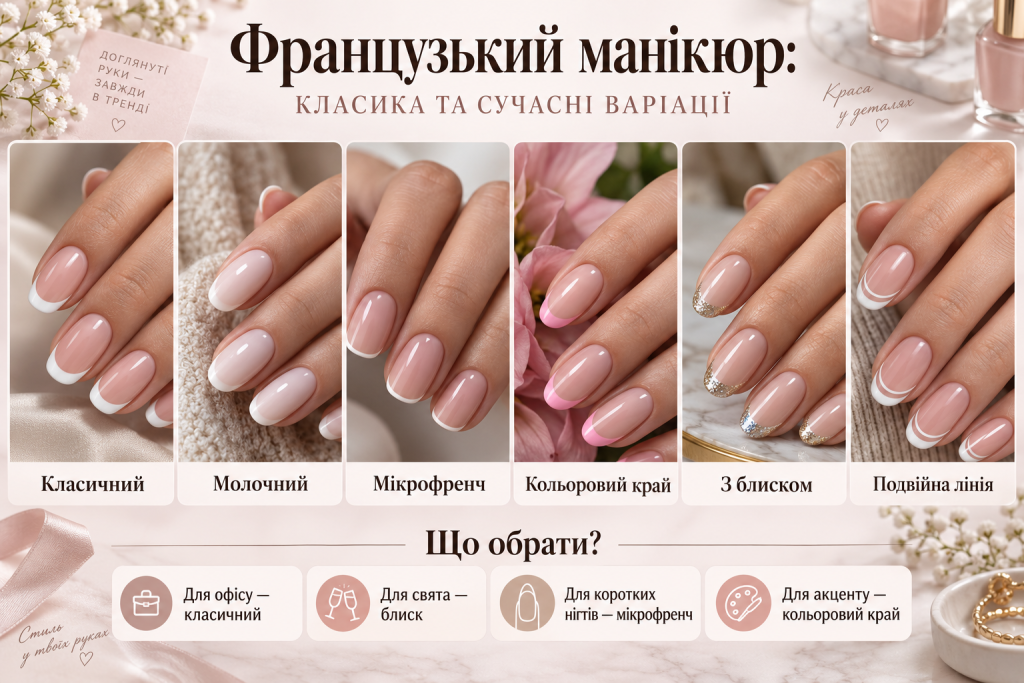 Варіанти французького манікюру — класичний френч, мікрофренч, кольоровий край, блиск і подвійна лінія
