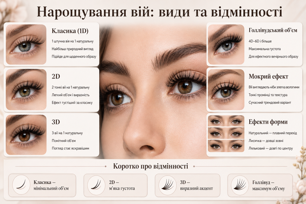 Інфографіка про види нарощування вій: класика 1D, 2D, 3D, голлівудський об’єм, мокрий ефект і різні форми вій