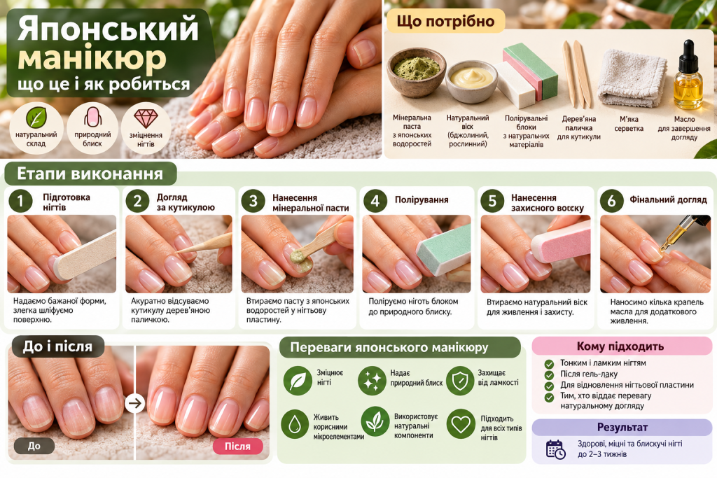 Інфографіка про японський манікюр: необхідні матеріали, шість етапів процедури, полірування нігтів натуральними компонентами та результат догляду.