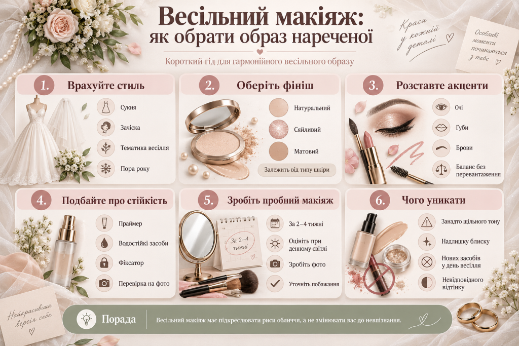 Інфографіка про вибір весільного макіяжу нареченої з урахуванням стилю весілля, типу шкіри, акцентів, стійкості та пробного макіяжу.