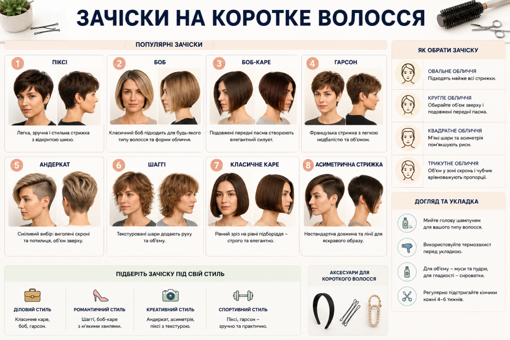 Інфографіка з популярними жіночими зачісками на коротке волосся: піксі, боб, боб-каре, гарсон, андеркат, шаггі та асиметричні стрижки